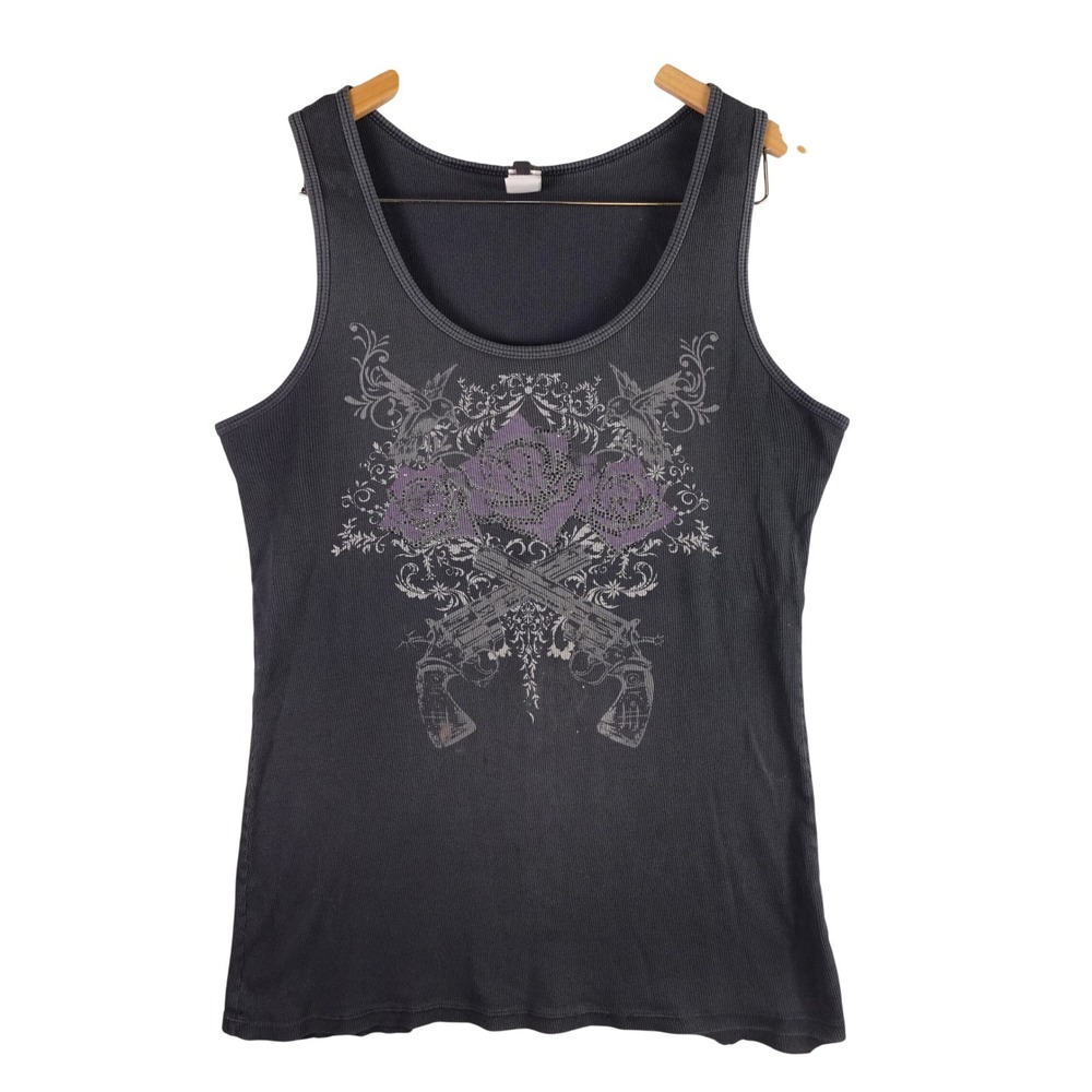 Liberty Wear Womens 3X Gray Ribbed Tank Top Cowboy Jackson Hole Roses Guns Y2K